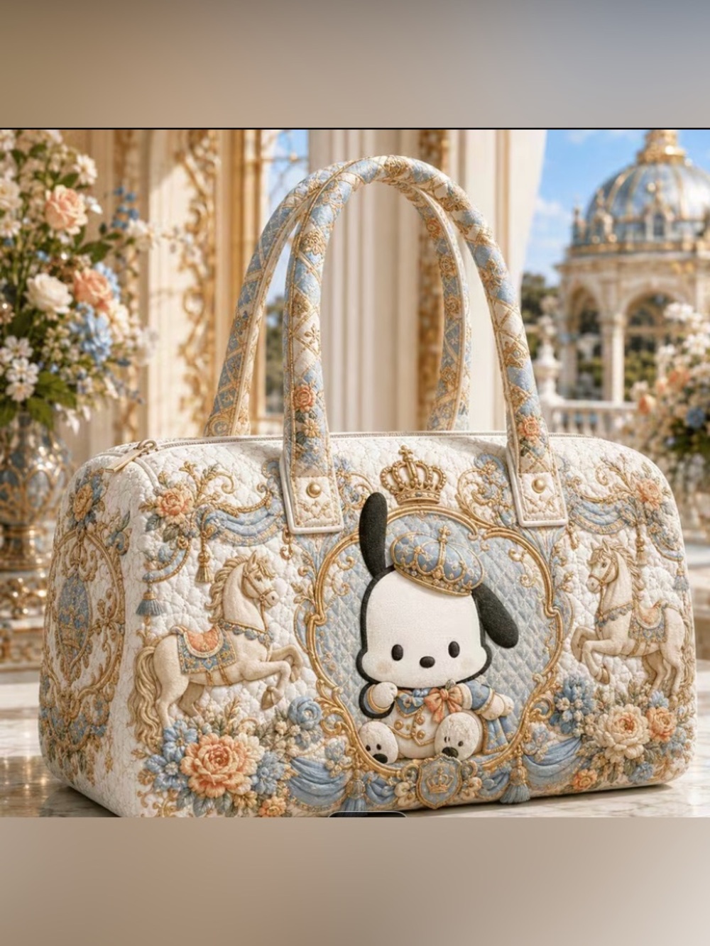 Sanrio Pochacco Quilted Travel Bag in Cream, Pale Blue & Gold